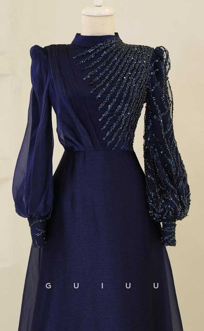 G3995 - Classic & Timeless A-Line High Neck Sequined and Beaded Formal Party Prom Dress with Long Bishop Sleeves and Pleats