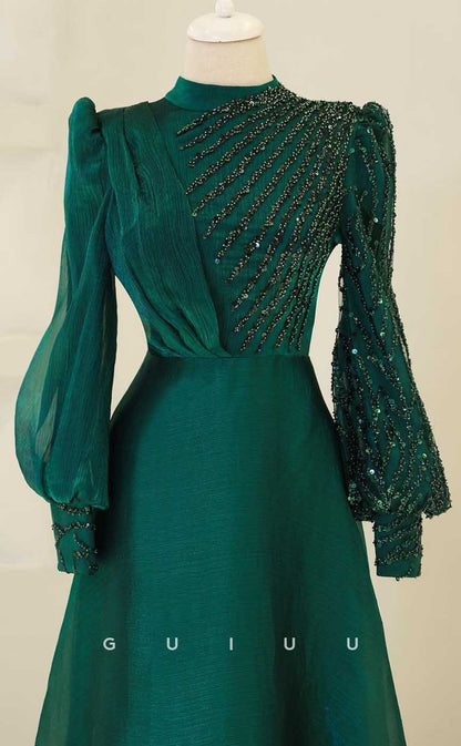 G3995 - Classic & Timeless A-Line High Neck Sequined and Beaded Formal Party Prom Dress with Long Bishop Sleeves and Pleats