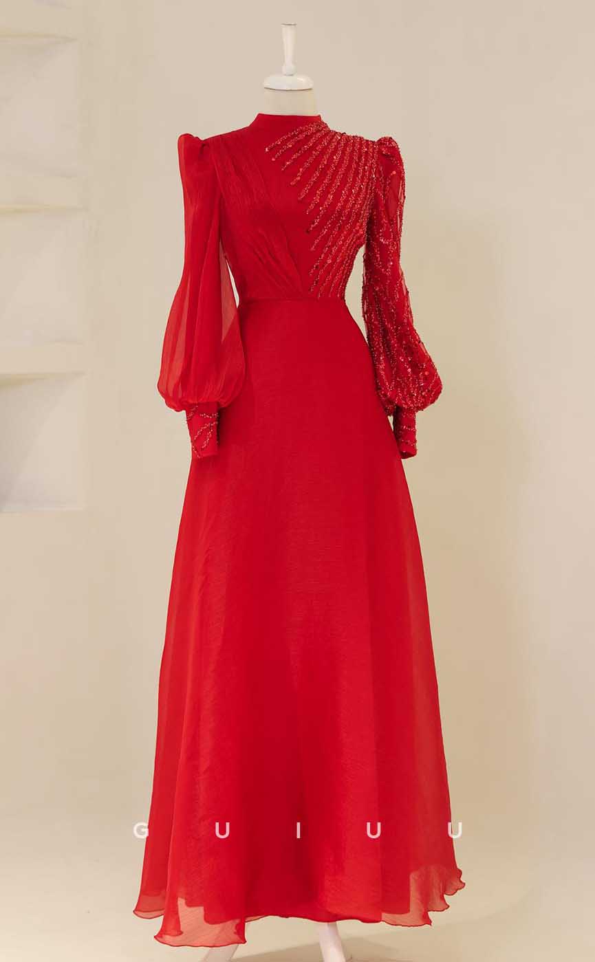 G3995 - Classic & Timeless A-Line High Neck Sequined and Beaded Formal Party Prom Dress with Long Bishop Sleeves and Pleats