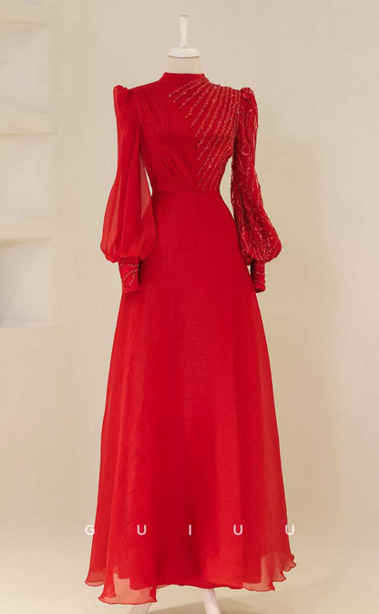 G3995 - Classic & Timeless A-Line High Neck Sequined and Beaded Formal Party Prom Dress with Long Bishop Sleeves and Pleats