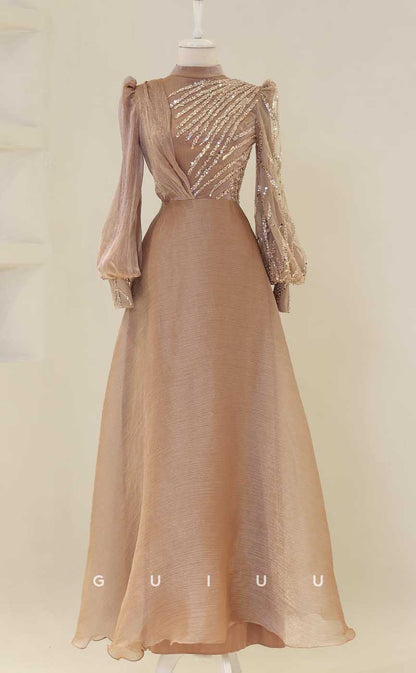 G3995 - Classic & Timeless A-Line High Neck Sequined and Beaded Formal Party Prom Dress with Long Bishop Sleeves and Pleats
