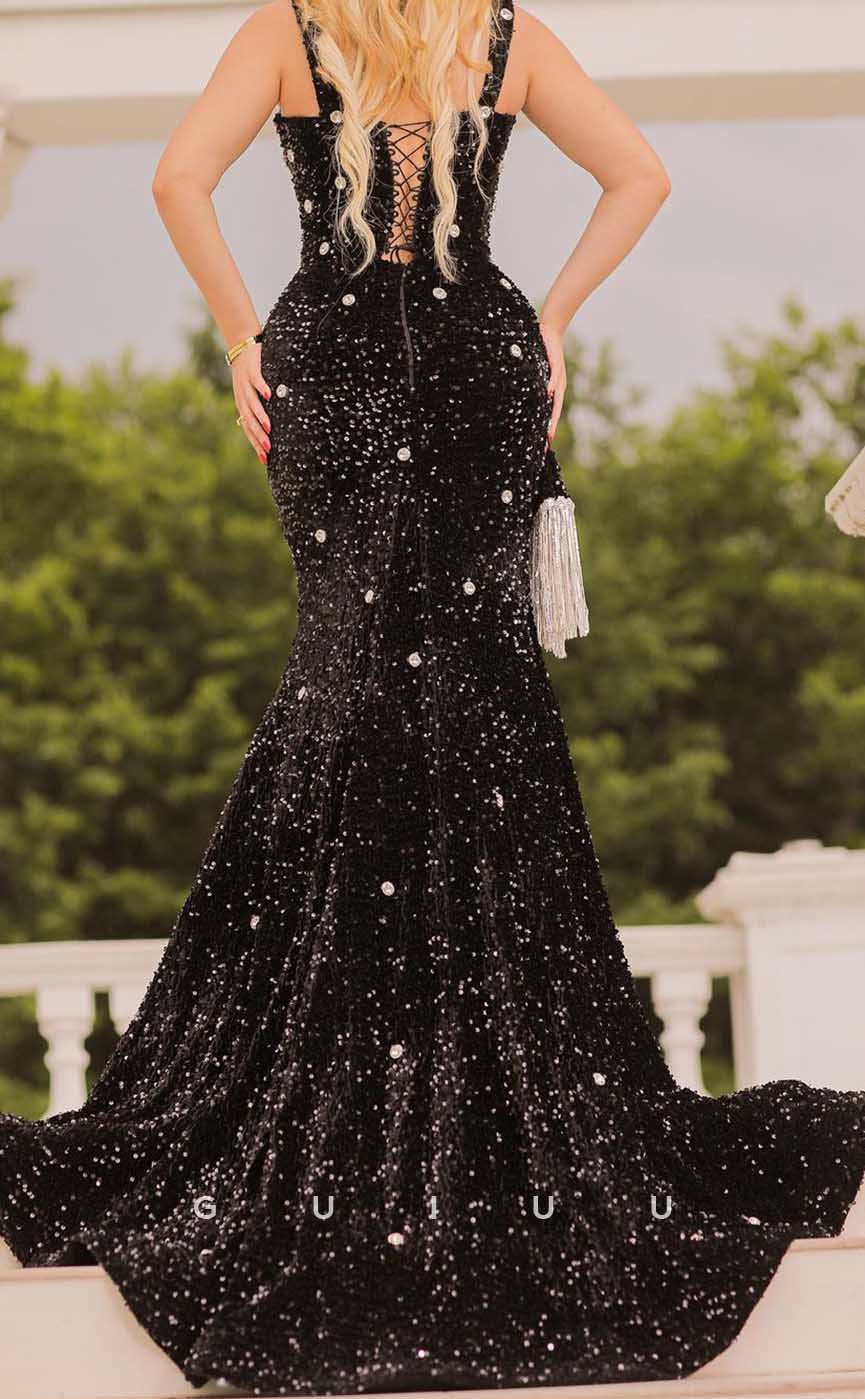 G4002 - Sexy & Hot Mermaid V-Neck Straps Fully Sequined and Beaded Evening Party Prom Dress with Sweep Train