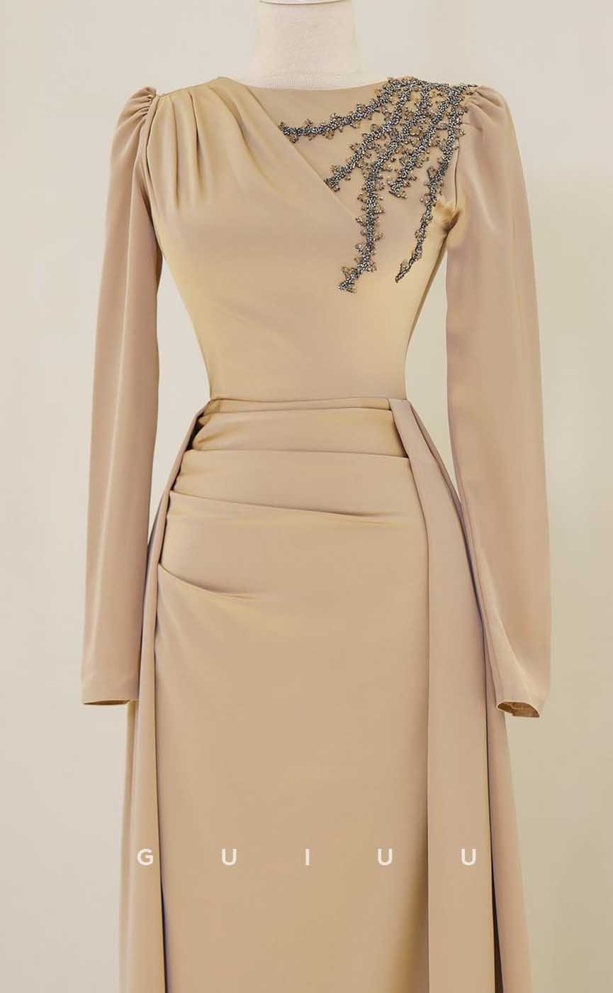 G4020 - Classic & Timeless Sheath Scoop Draped and Beaded Formal Party Prom Dress with Long Sleeves and Overlay