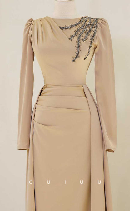 G4020 - Classic & Timeless Sheath Scoop Draped and Beaded Formal Party Prom Dress with Long Sleeves and Overlay