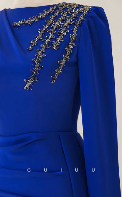 G4020 - Classic & Timeless Sheath Scoop Draped and Beaded Formal Party Prom Dress with Long Sleeves and Overlay