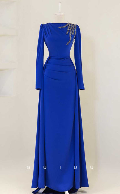 G4020 - Classic & Timeless Sheath Scoop Draped and Beaded Formal Party Prom Dress with Long Sleeves and Overlay