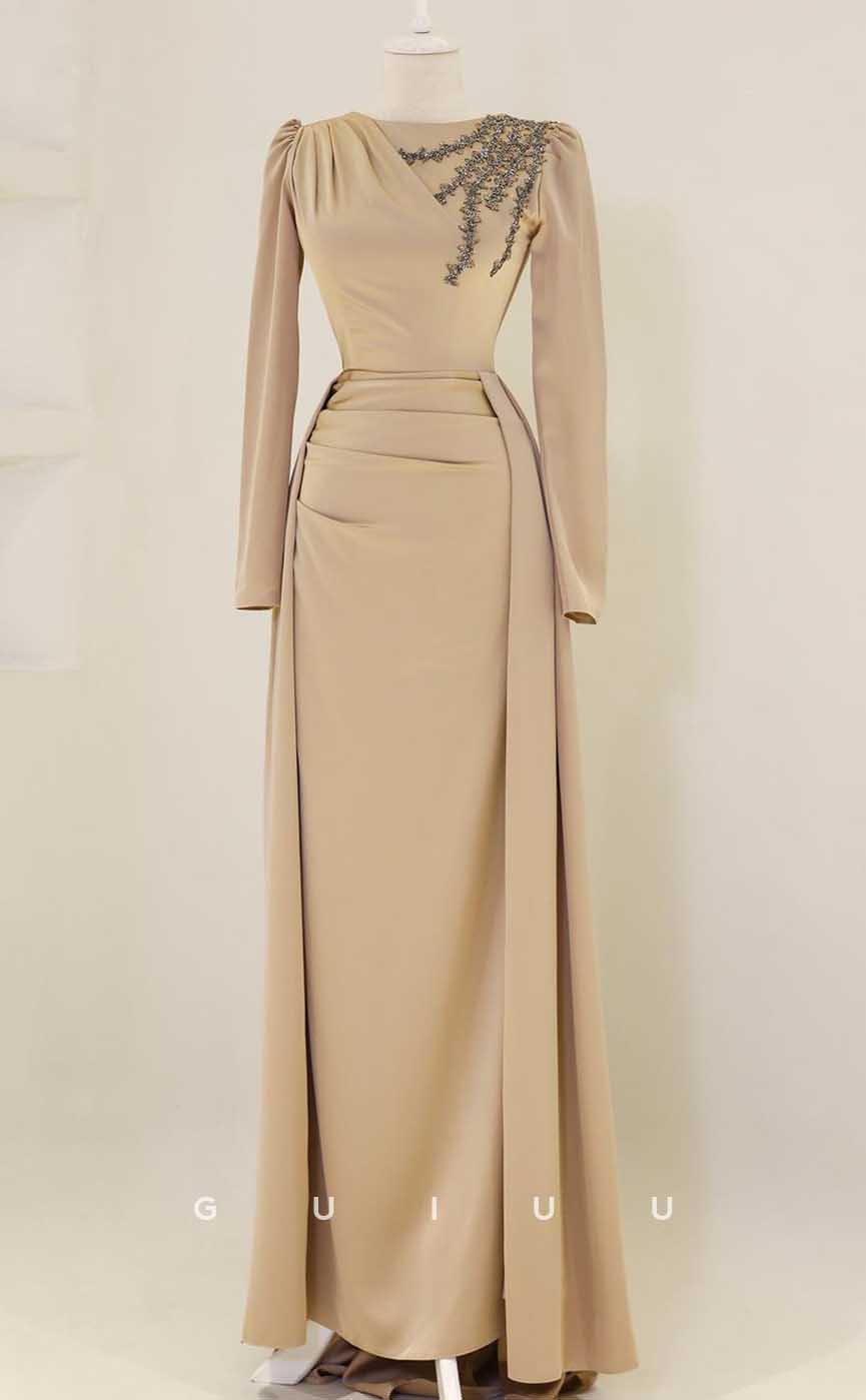 G4020 - Classic & Timeless Sheath Scoop Draped and Beaded Formal Party Prom Dress with Long Sleeves and Overlay