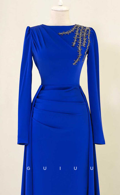 G4020 - Classic & Timeless Sheath Scoop Draped and Beaded Formal Party Prom Dress with Long Sleeves and Overlay