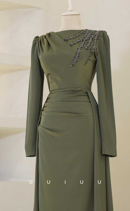 G4020 - Classic & Timeless Sheath Scoop Draped and Beaded Formal Party Prom Dress with Long Sleeves and Overlay