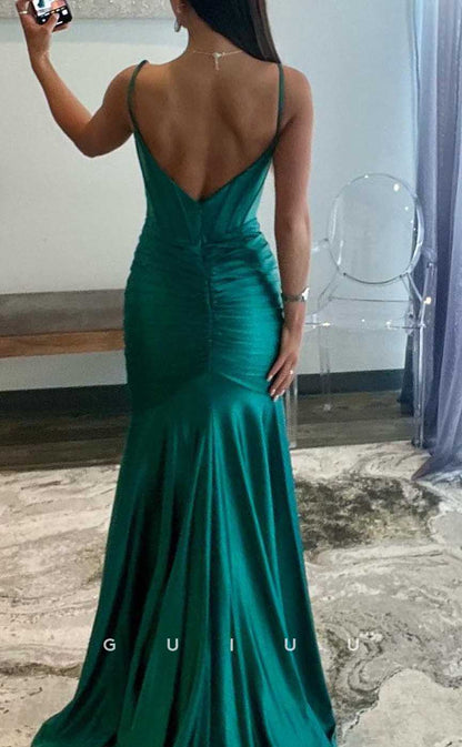 G4022 - Sexy & Hot Trumpet Scoop Straps Draped Evening Party Prom Dress with High Side Slit