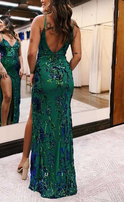 G4029 - Sexy & Hot Sheath V-Neck Straps Fully Floral Sequined Evening Party Prom Dress with High Side Slit