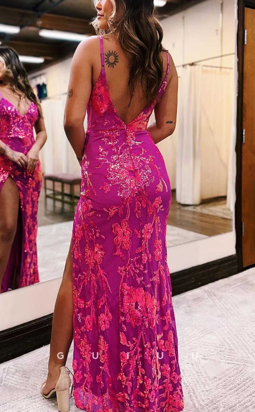 G4029 - Sexy & Hot Sheath V-Neck Straps Fully Floral Sequined Evening Party Prom Dress with High Side Slit