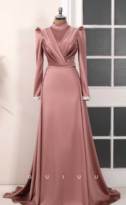 G4031 - Classic & Timeless A-Line High Neck Beaded and Draped Formal Party Prom Dress with Long Sleeves and Overlay