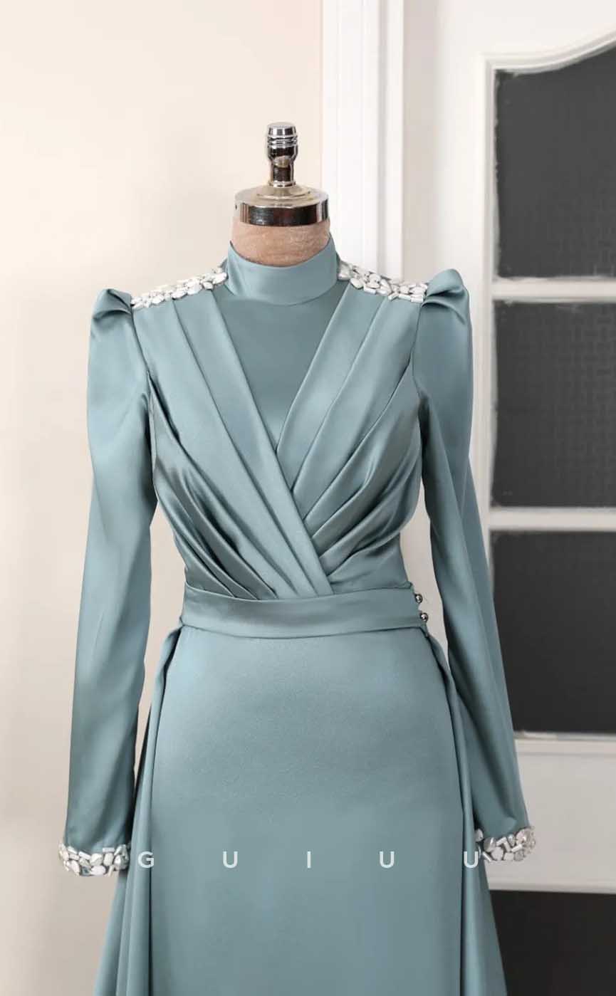 G4031 - Classic & Timeless A-Line High Neck Beaded and Draped Formal Party Prom Dress with Long Sleeves and Overlay