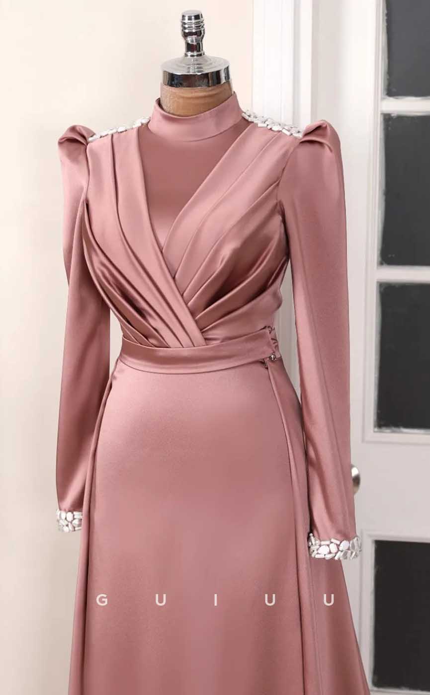G4031 - Classic & Timeless A-Line High Neck Beaded and Draped Formal Party Prom Dress with Long Sleeves and Overlay