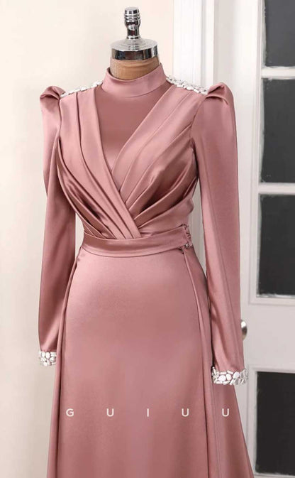G4031 - Classic & Timeless A-Line High Neck Beaded and Draped Formal Party Prom Dress with Long Sleeves and Overlay