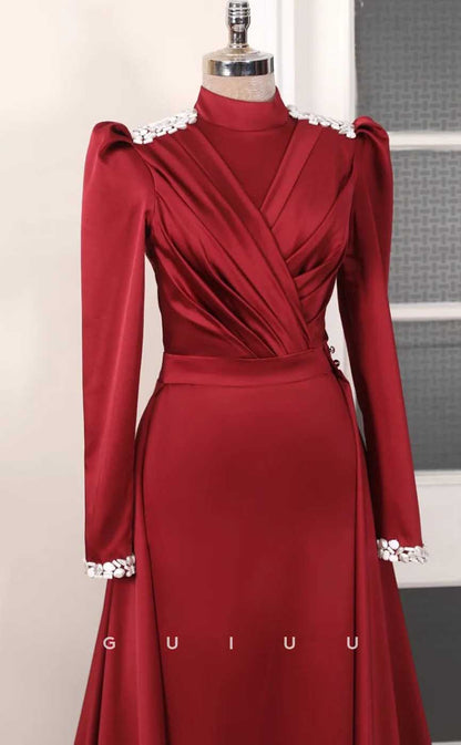 G4031 - Classic & Timeless A-Line High Neck Beaded and Draped Formal Party Prom Dress with Long Sleeves and Overlay