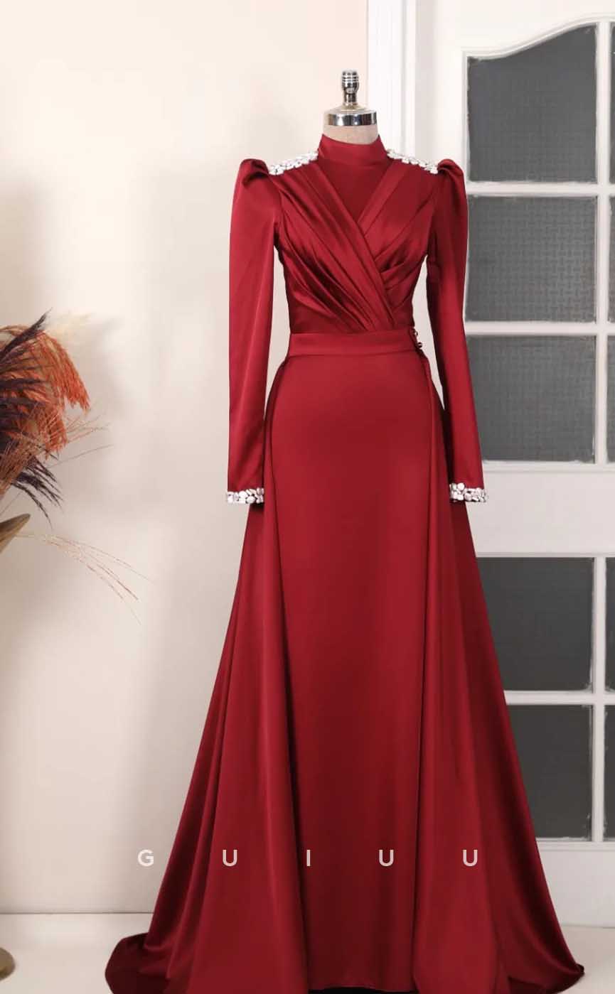 G4031 - Classic & Timeless A-Line High Neck Beaded and Draped Formal Party Prom Dress with Long Sleeves and Overlay