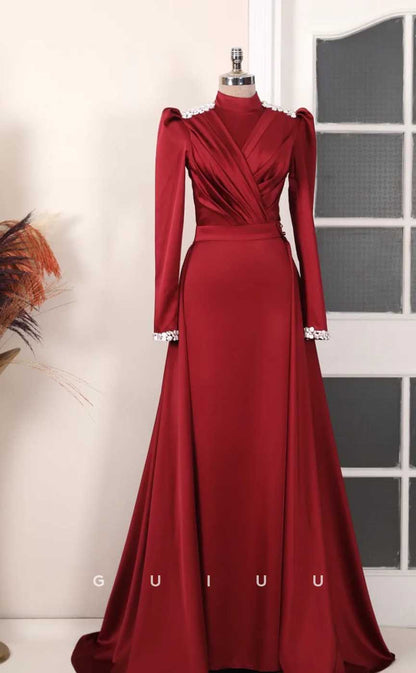 G4031 - Classic & Timeless A-Line High Neck Beaded and Draped Formal Party Prom Dress with Long Sleeves and Overlay