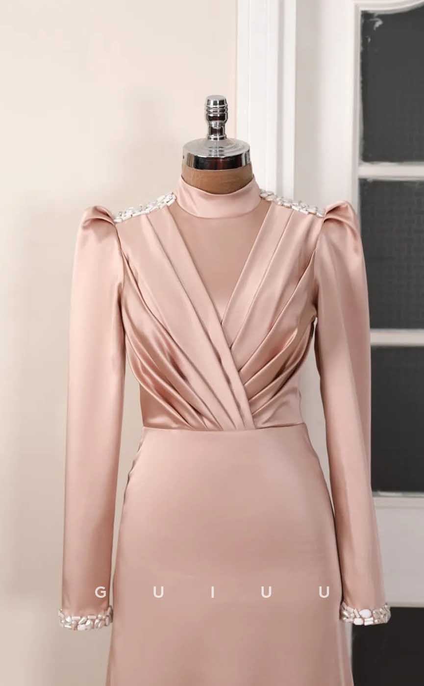 G4031 - Classic & Timeless A-Line High Neck Beaded and Draped Formal Party Prom Dress with Long Sleeves and Overlay