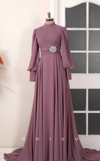 G4033 - Chic & Modern A-Line High Neck Draped and Beaded Formal Party Prom Dress with Long Bishop Sleeves