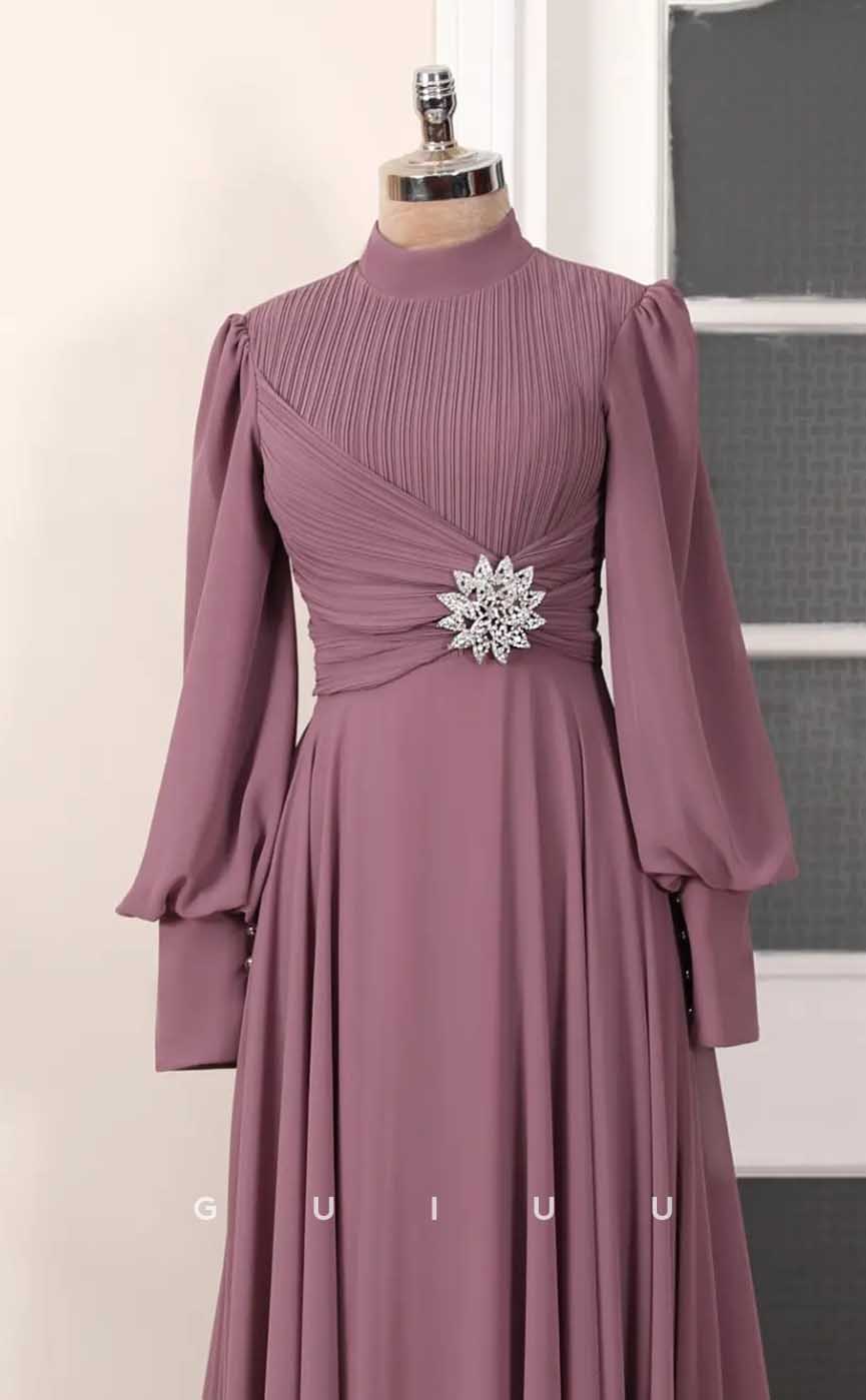 G4033 - Chic & Modern A-Line High Neck Draped and Beaded Formal Party Prom Dress with Long Bishop Sleeves