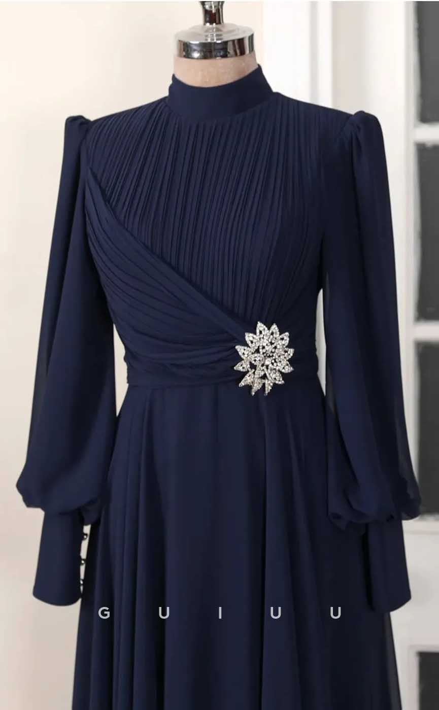 G4033 - Chic & Modern A-Line High Neck Draped and Beaded Formal Party Prom Dress with Long Bishop Sleeves