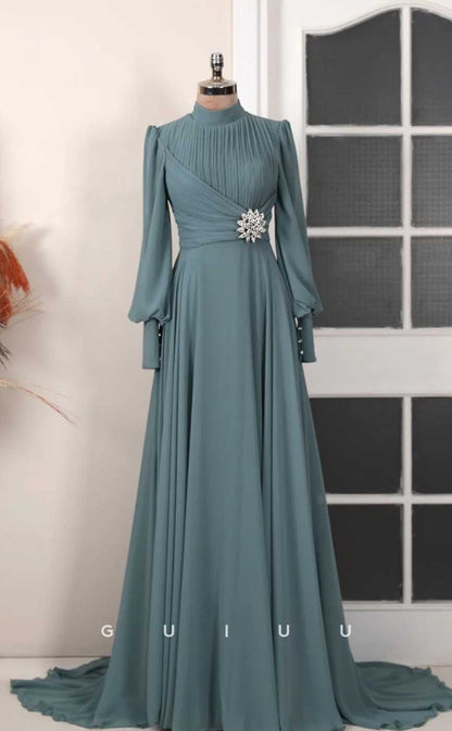 G4033 - Chic & Modern A-Line High Neck Draped and Beaded Formal Party Prom Dress with Long Bishop Sleeves