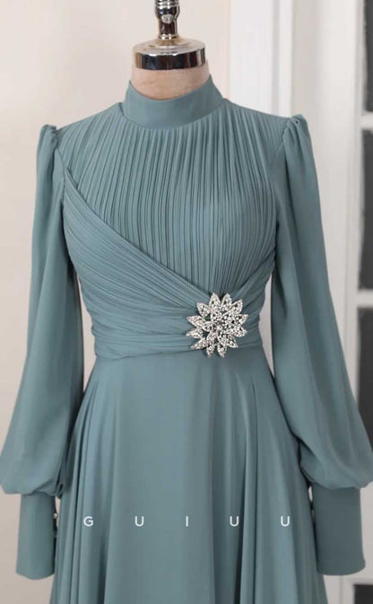 G4033 - Chic & Modern A-Line High Neck Draped and Beaded Formal Party Prom Dress with Long Bishop Sleeves