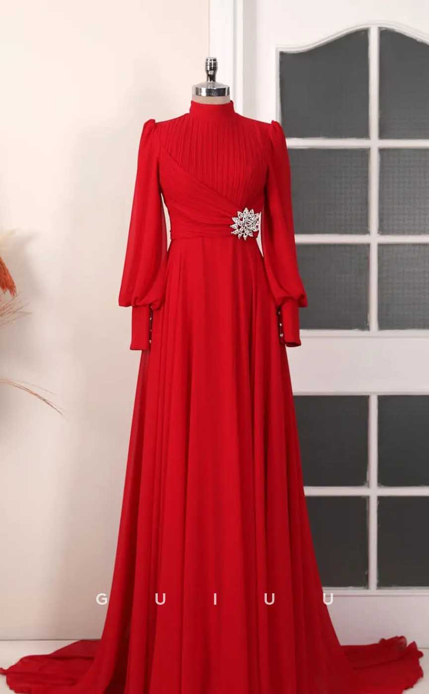 G4033 - Chic & Modern A-Line High Neck Draped and Beaded Formal Party Prom Dress with Long Bishop Sleeves