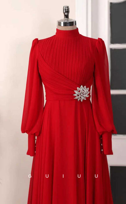 G4033 - Chic & Modern A-Line High Neck Draped and Beaded Formal Party Prom Dress with Long Bishop Sleeves