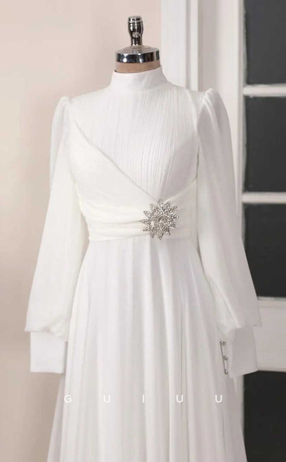 G4033 - Chic & Modern A-Line High Neck Draped and Beaded Formal Party Prom Dress with Long Bishop Sleeves