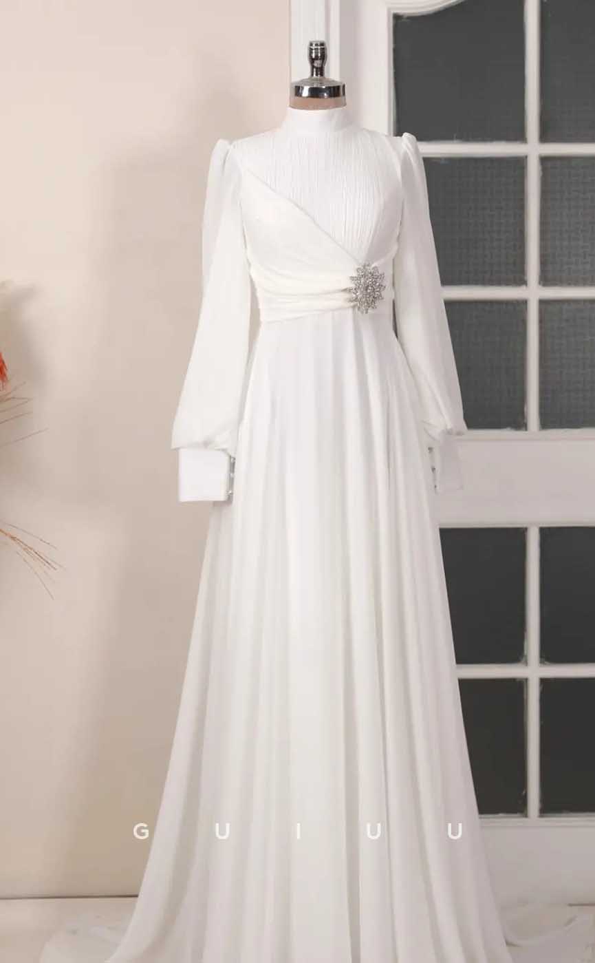 G4033 - Chic & Modern A-Line High Neck Draped and Beaded Formal Party Prom Dress with Long Bishop Sleeves