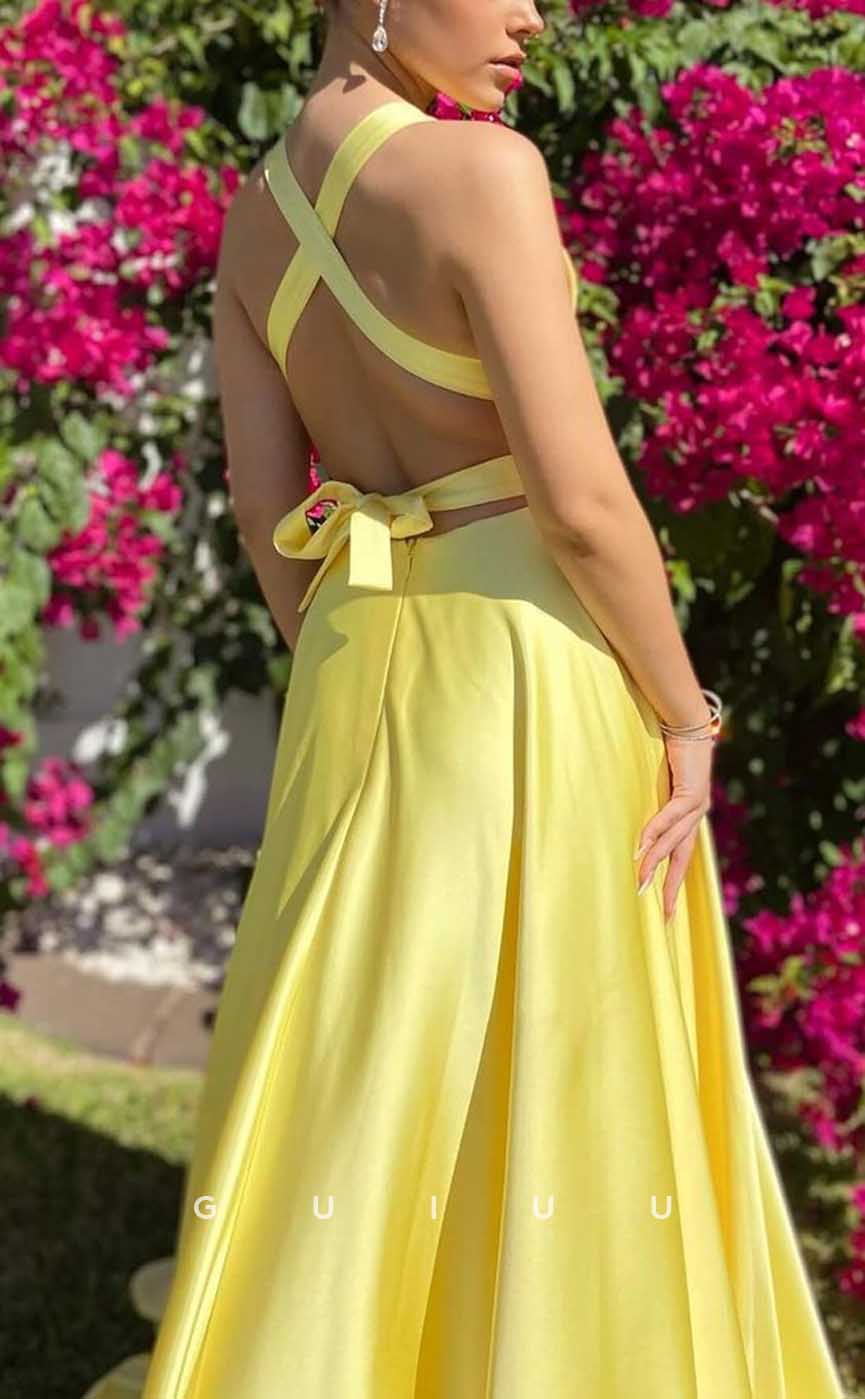 G4037 - Chic & Modern A-Line V-Neck Halter Draped Evening Party Prom Dress with Cut-Outs and High Side Slit