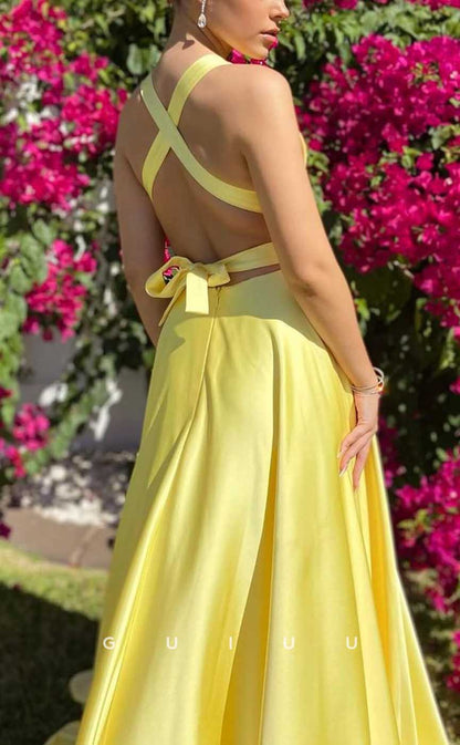 G4037 - Chic & Modern A-Line V-Neck Halter Draped Evening Party Prom Dress with Cut-Outs and High Side Slit