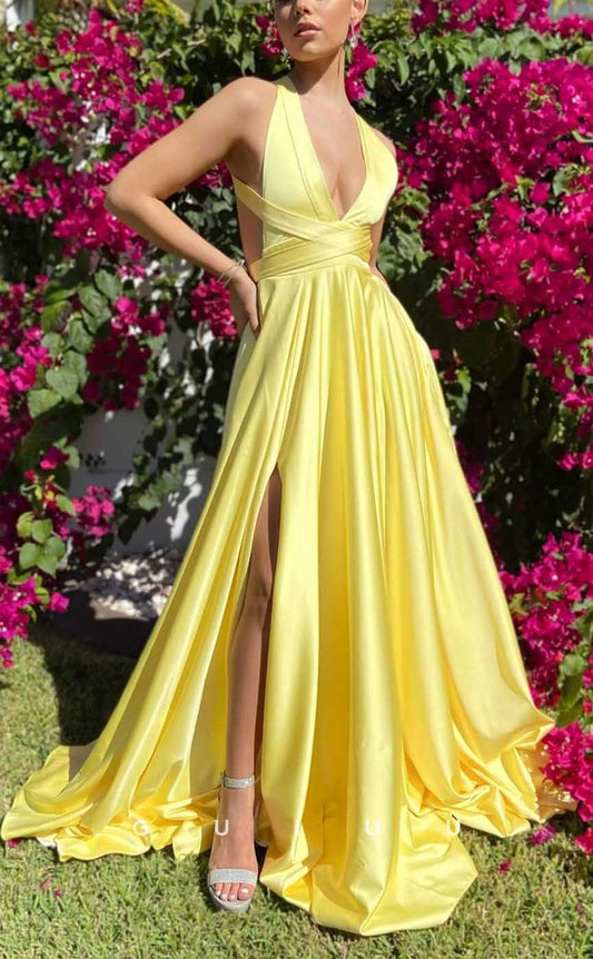 G4037 - Chic & Modern A-Line V-Neck Halter Draped Evening Party Prom Dress with Cut-Outs and High Side Slit