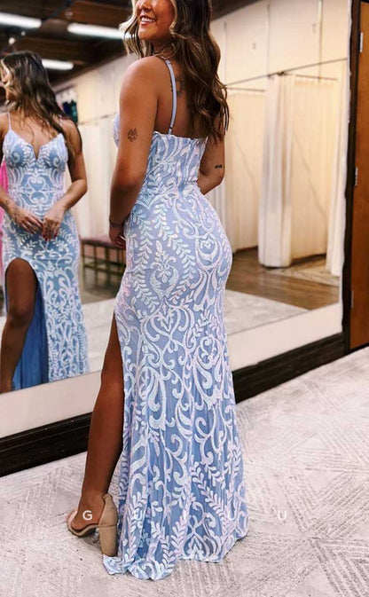 G4047 - Sexy & Hot Sheath V-Neck Staps Floral Appliqued Evening Party Prom Dress with High Side Slit and Pleats