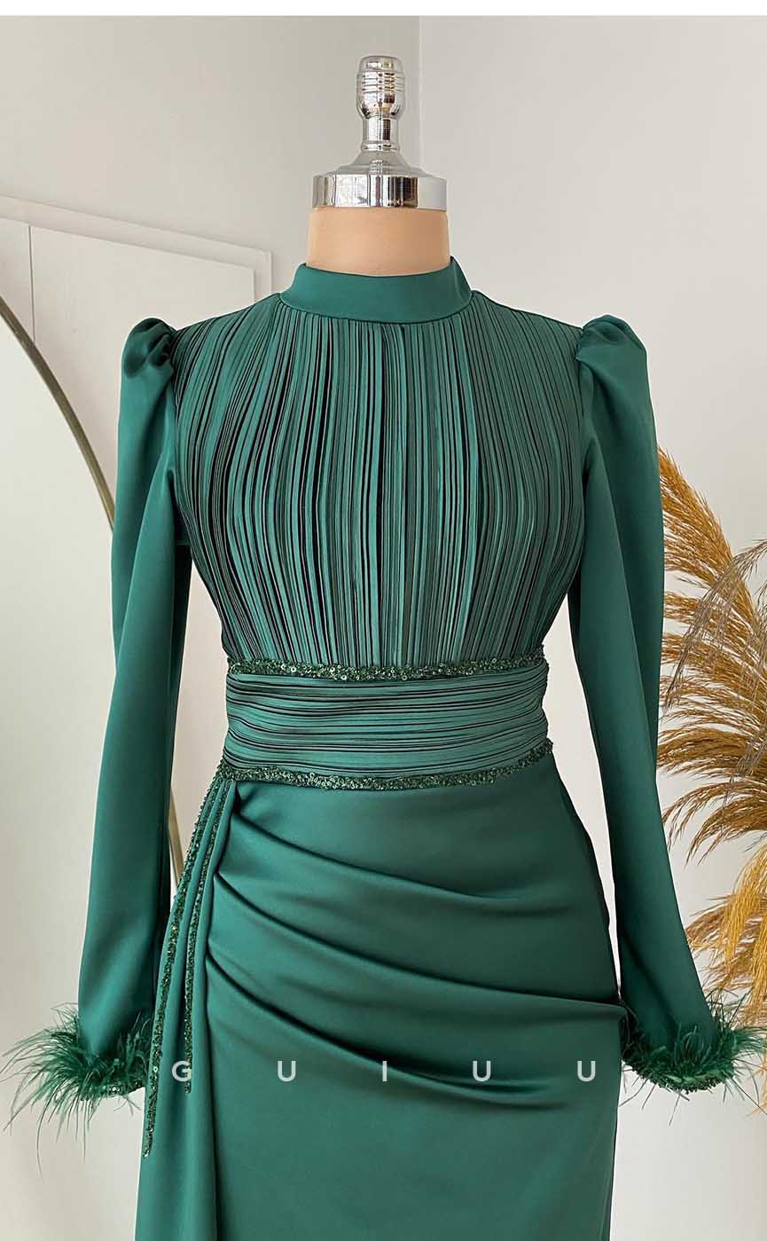 G4123 - Classic & Timeless Sheath High Neck Draped and Beaded Formal Party Prom Dress with Long Sleeves and Feather