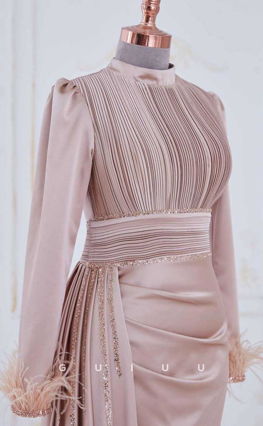 G4123 - Classic & Timeless Sheath High Neck Draped and Beaded Formal Party Prom Dress with Long Sleeves and Feather