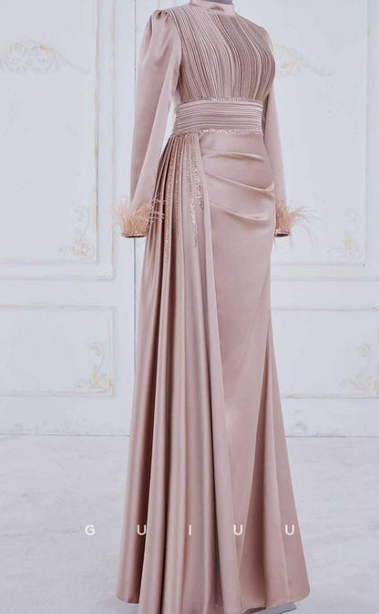G4123 - Classic & Timeless Sheath High Neck Draped and Beaded Formal Party Prom Dress with Long Sleeves and Feather