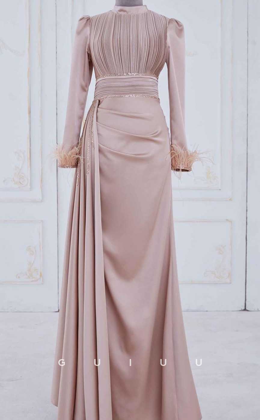 G4123 - Classic & Timeless Sheath High Neck Draped and Beaded Formal Party Prom Dress with Long Sleeves and Feather