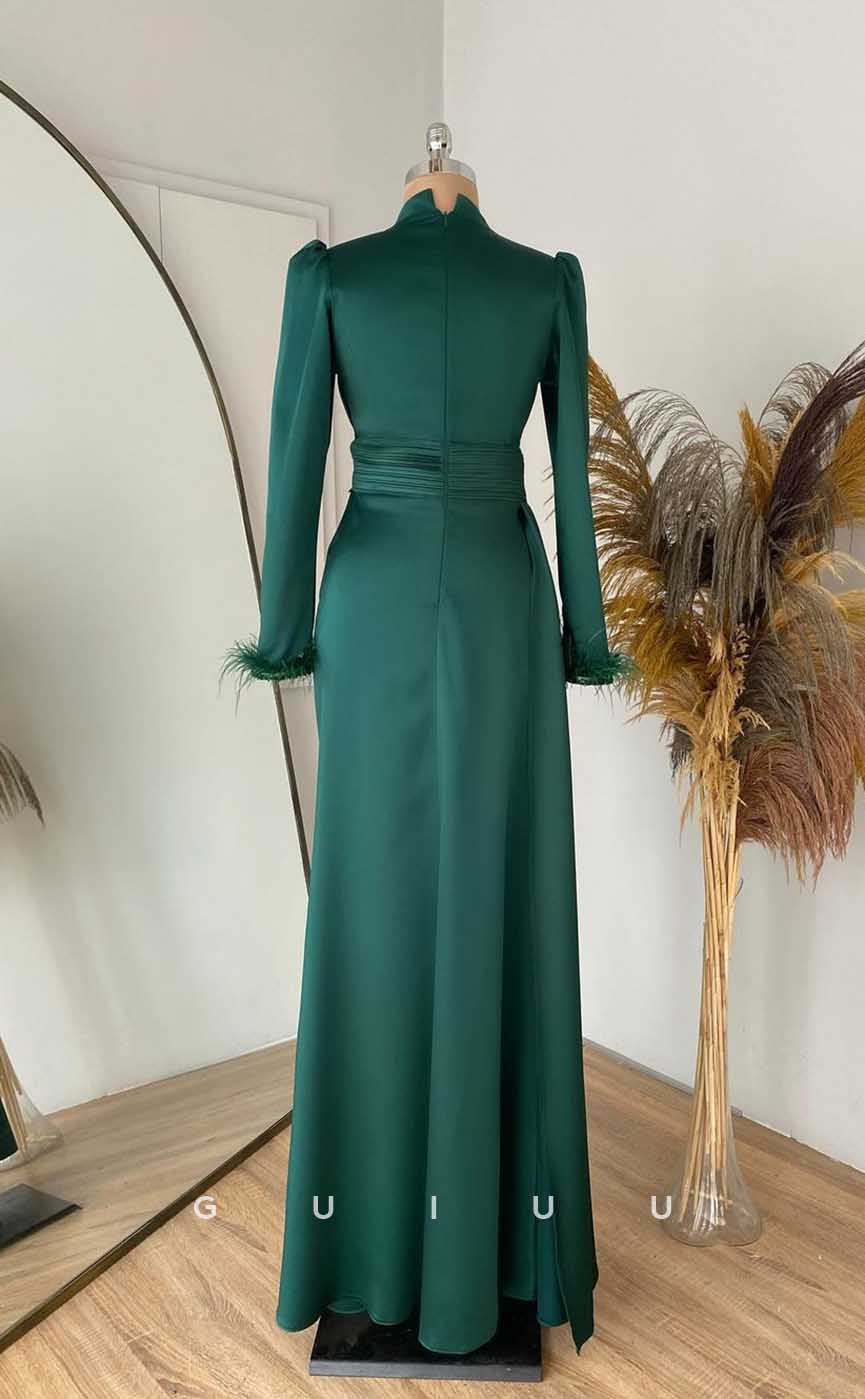 G4123 - Classic & Timeless Sheath High Neck Draped and Beaded Formal Party Prom Dress with Long Sleeves and Feather