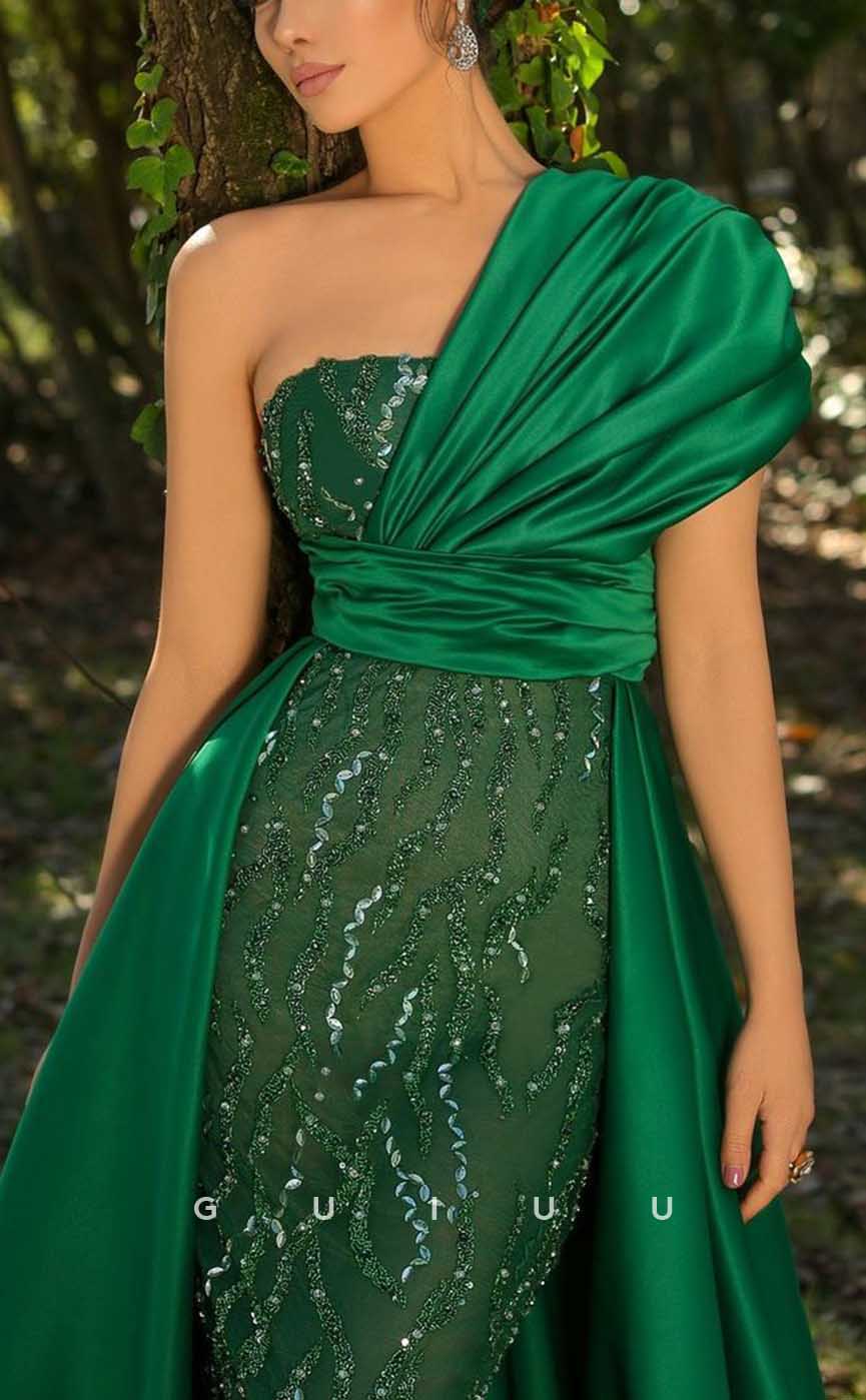 G4132 - Classic & Timeless Sheath One Shoulder Sequined and Beaded evening Party Prom Dress with Pleats and Overlay
