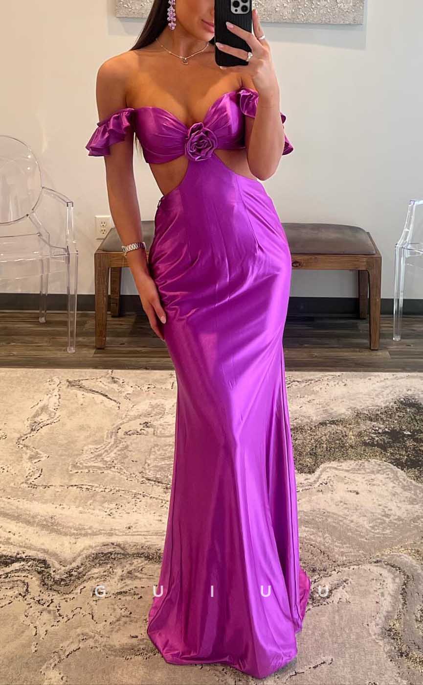 G4148 - Sexy & Hot Sheath Off Shoulder Cut-Outs Floral Embossed and Draped Evening Party Prom Dress with Ruffles