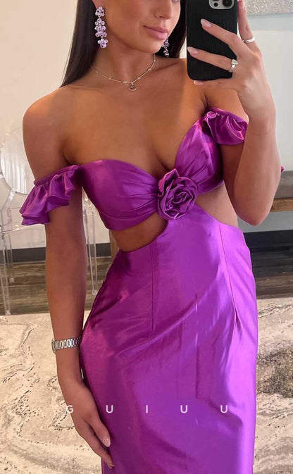 G4148 - Sexy & Hot Sheath Off Shoulder Cut-Outs Floral Embossed and Draped Evening Party Prom Dress with Ruffles