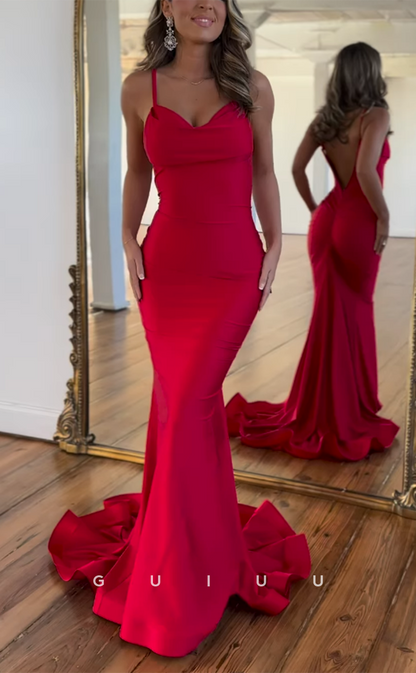 G4152 - Sexy & Hot Mermaid V-Neck Straps Draped Evening Party Prom Dress with Sweep Train