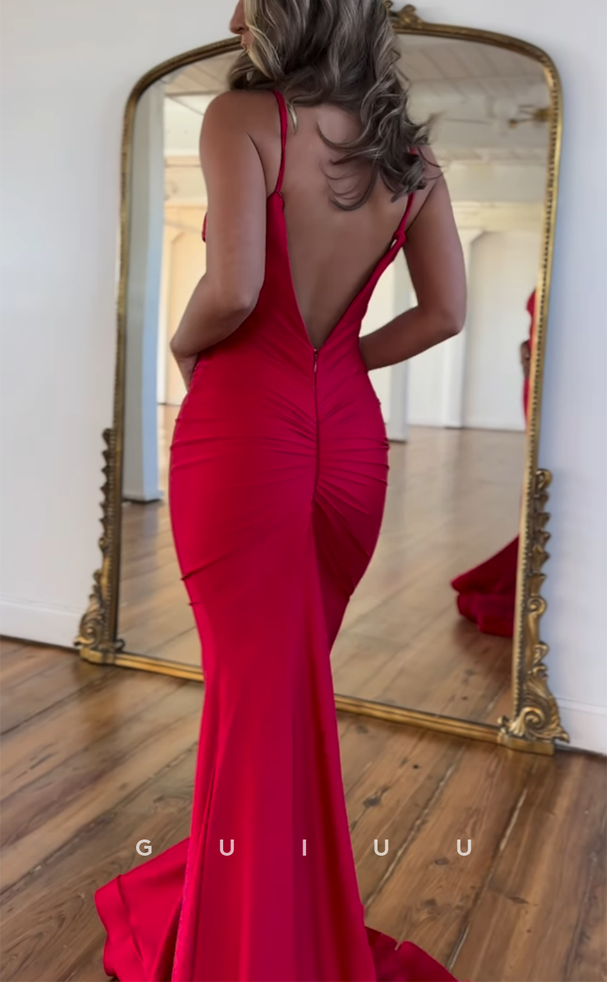 G4152 - Sexy & Hot Mermaid V-Neck Straps Draped Evening Party Prom Dress with Sweep Train