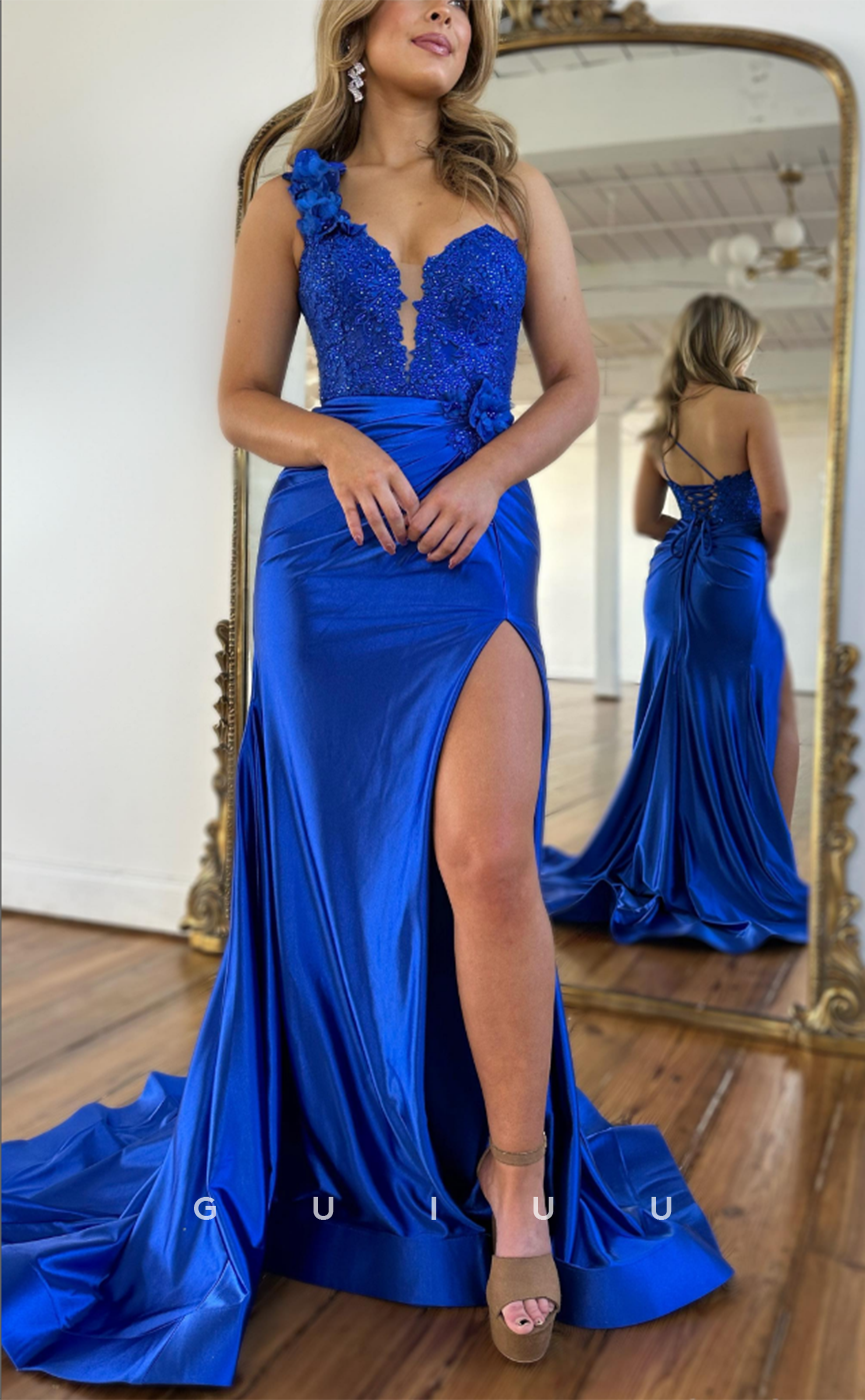 G4153 - Chic & Modern Sheath One Shoulder Beaded and Floral Embossed Evening Gown Prom Dress with High Side Slit and Sweep Train