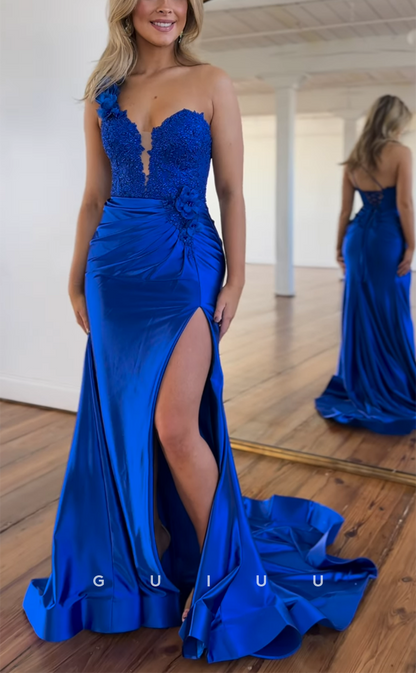 G4153 - Chic & Modern Sheath One Shoulder Beaded and Floral Embossed Evening Gown Prom Dress with High Side Slit and Sweep Train