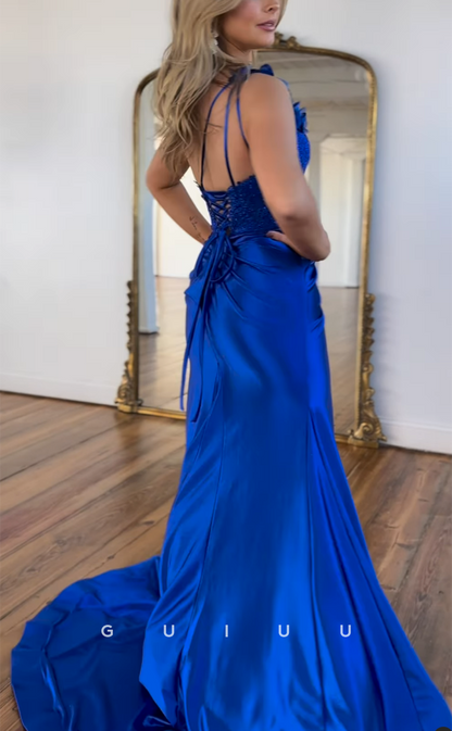 G4153 - Chic & Modern Sheath One Shoulder Beaded and Floral Embossed Evening Gown Prom Dress with High Side Slit and Sweep Train